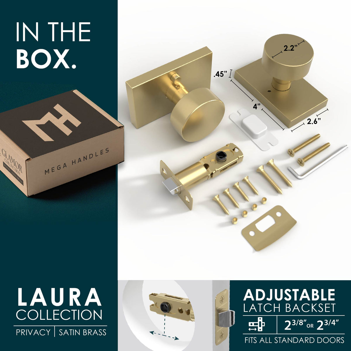 Four-step installation diagram for a Laura Satin Brass passage knob