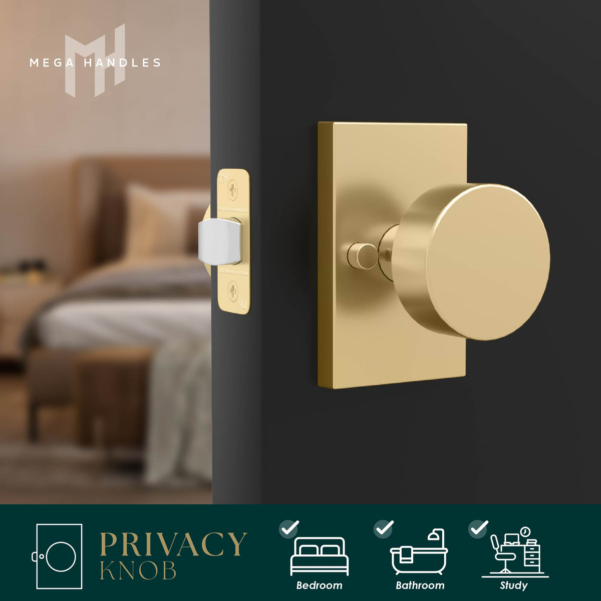 Laura Satin Brass privacy knob installed on a dark door with latch visible