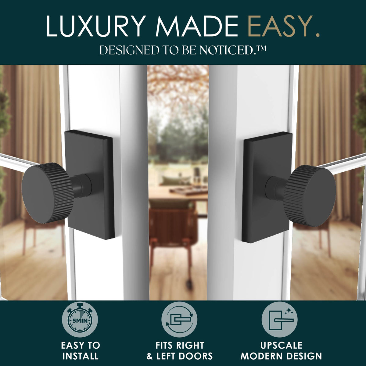 Ribba Matte Black ribbed knobs installed on both sides of a dark interior door