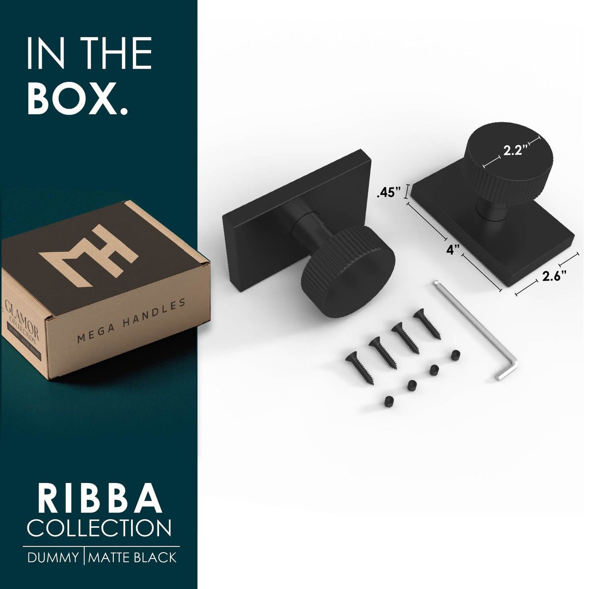 Ribba Matte Black dummy knob with rectangular rosette, screws, hex key, and packaging