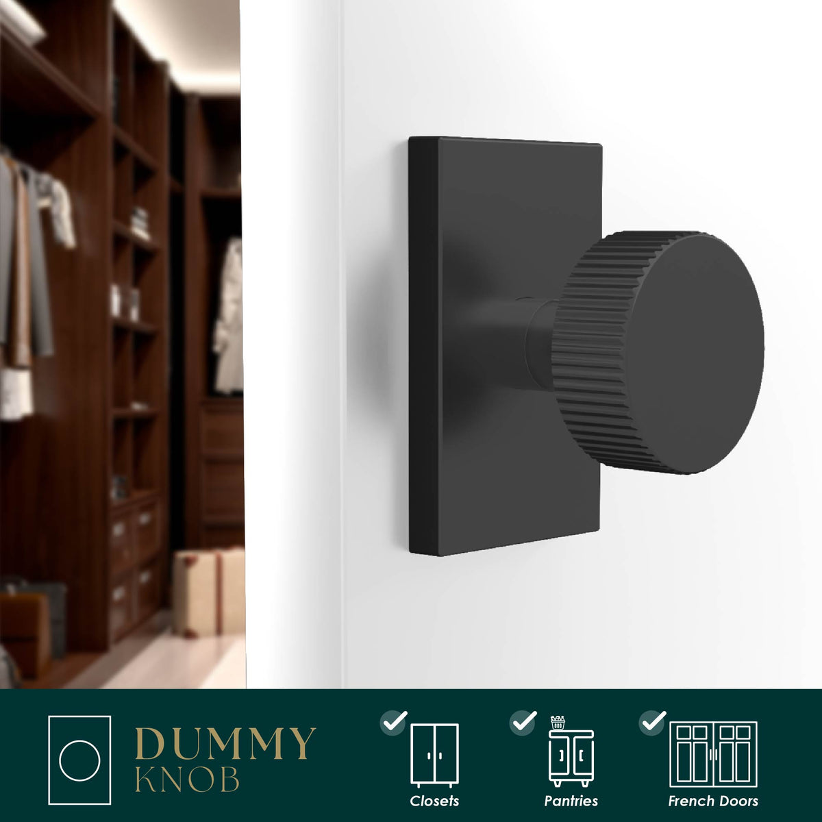 Ribba Matte Black ribbed dummy knob installed on a dark wardrobe door