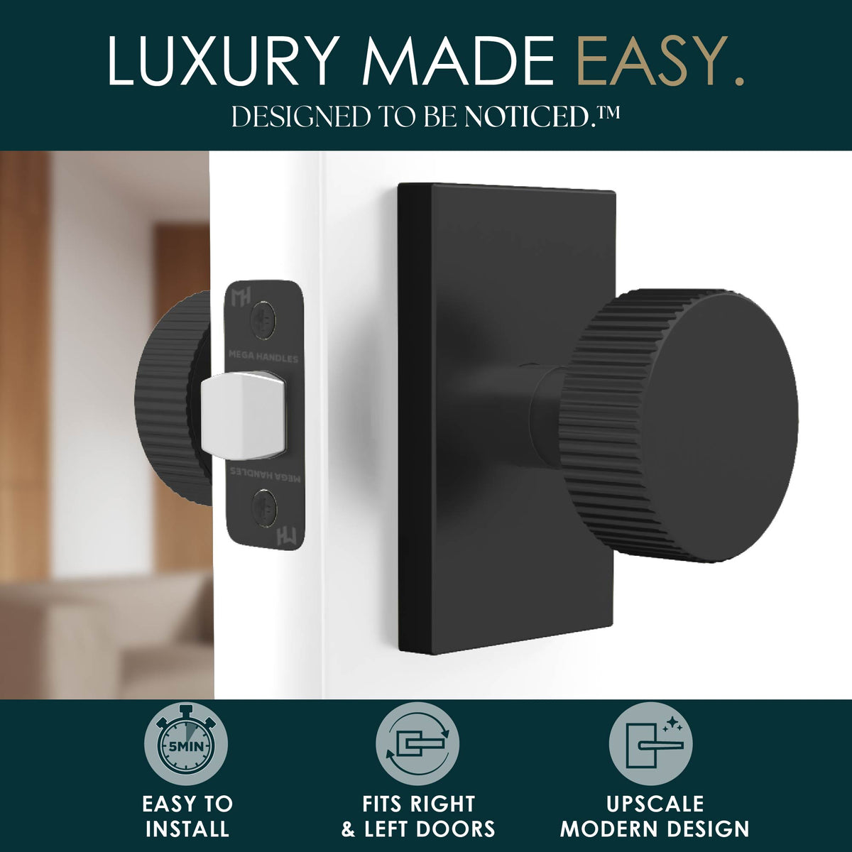 Ribba Matte Black passage knob lifestyle graphic highlighting easy installation and modern design