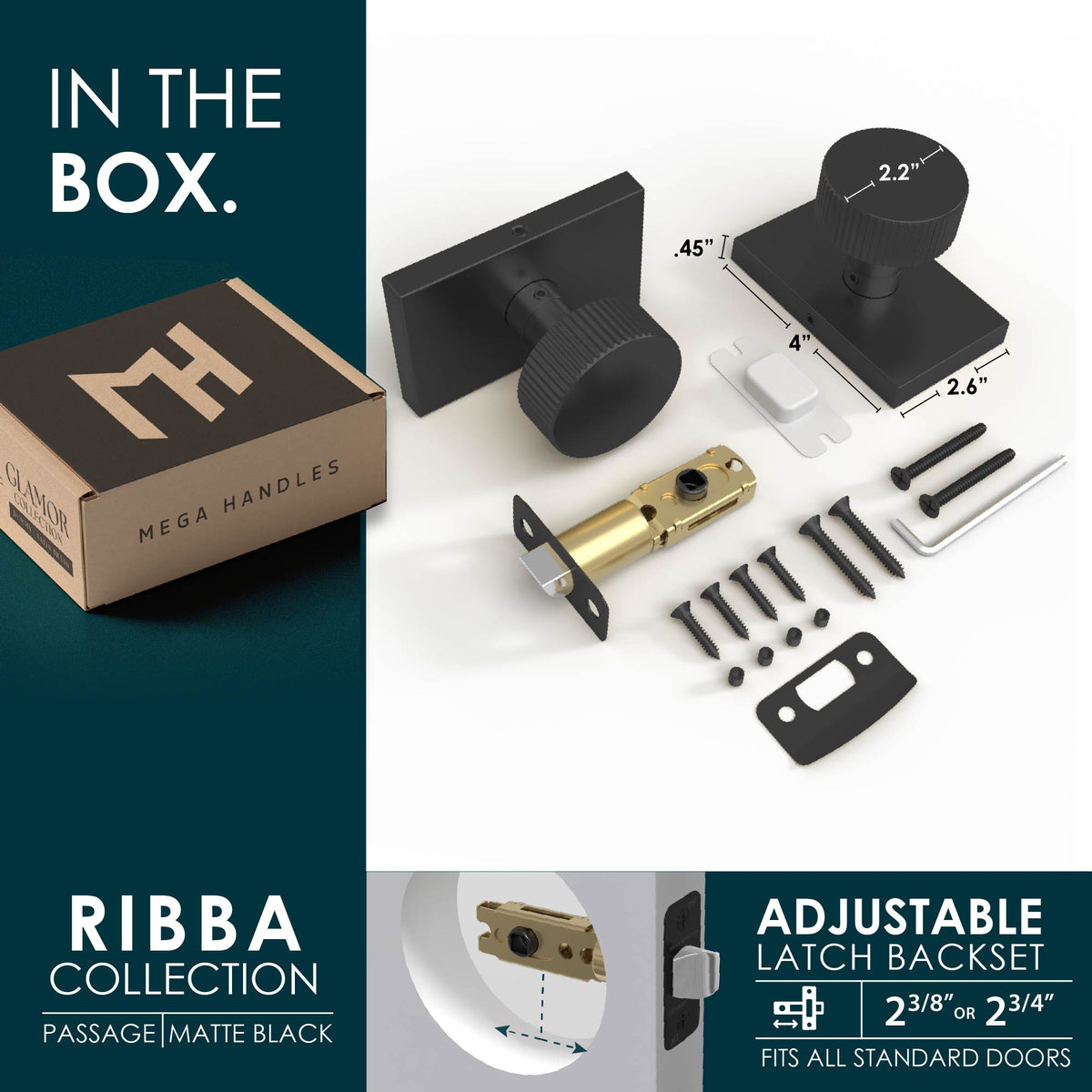 Ribba Matte Black passage set with ribbed knob, latch, screws, tools, and packaging