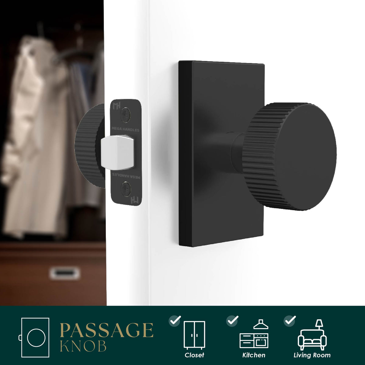 Ribba Matte Black ribbed passage knob installed on a dark wardrobe door with latch visible