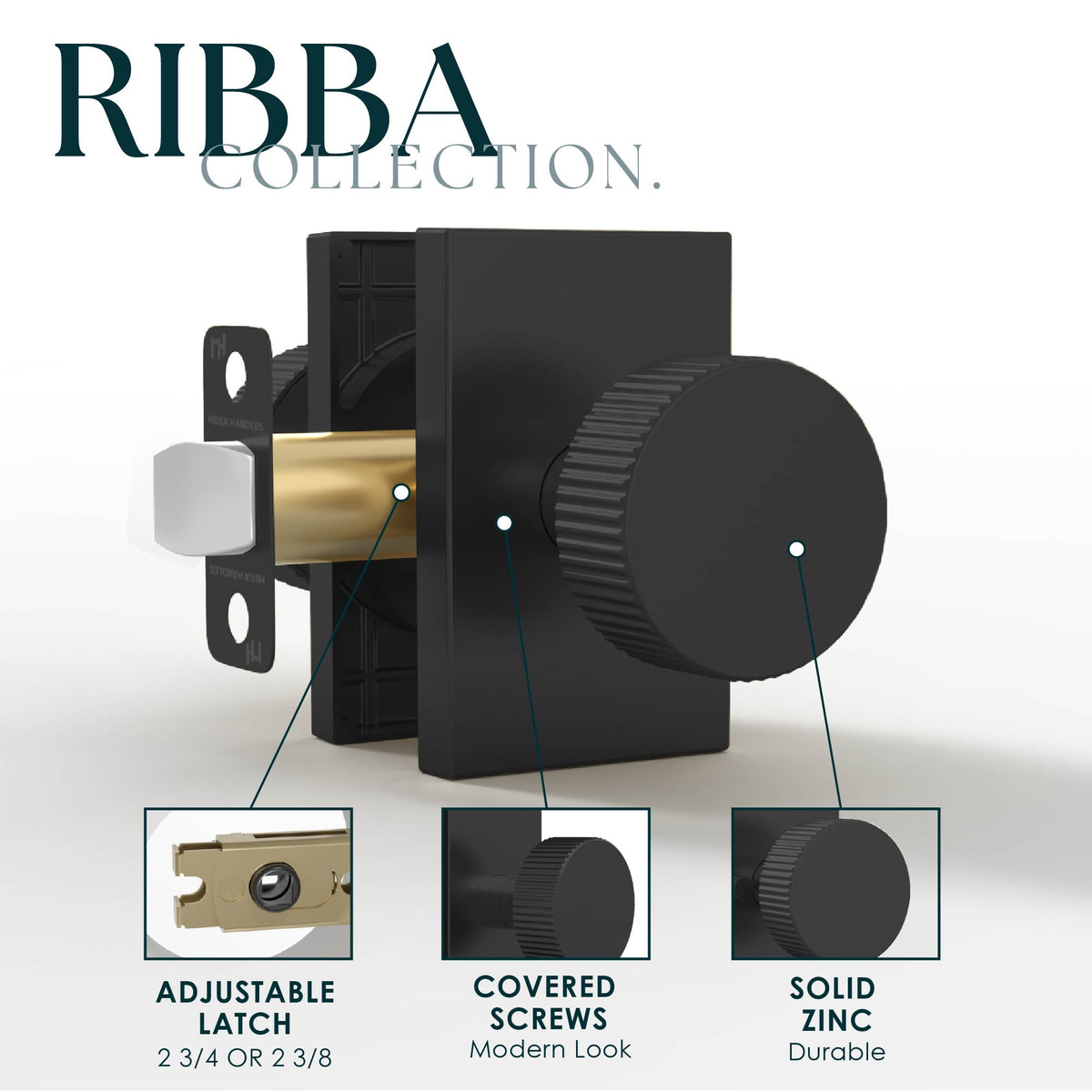 Ribba Matte Black passage knob feature diagram showing ribbed edge, adjustable latch, and solid zinc construction