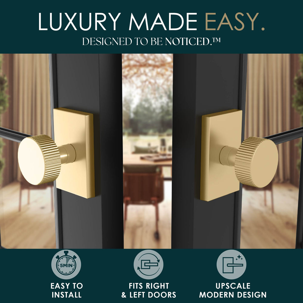 Ribba Satin Brass ribbed knobs installed on both sides of a dark interior door