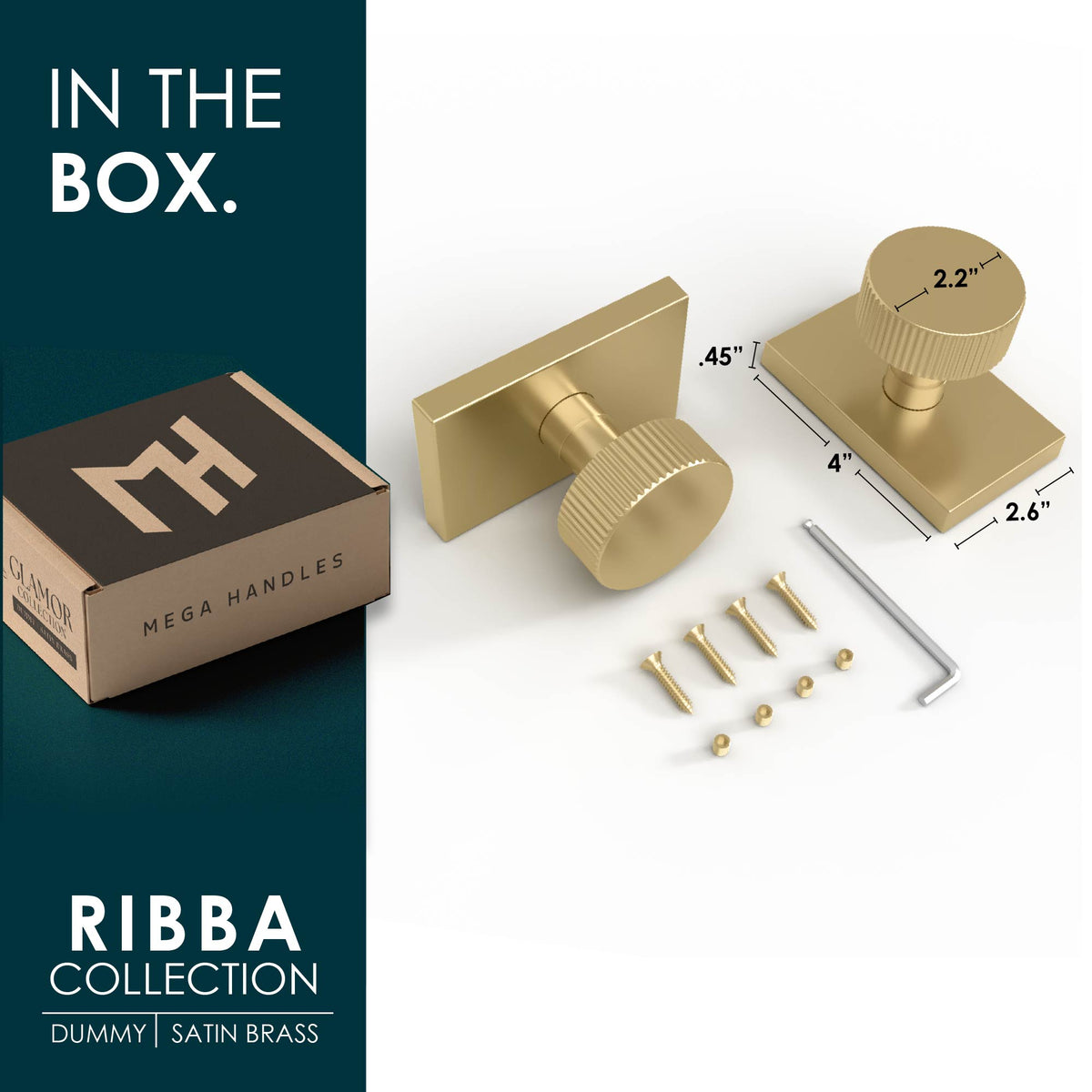 Ribba Satin Brass dummy knob with rectangular rosette, screws, hex key, and packaging