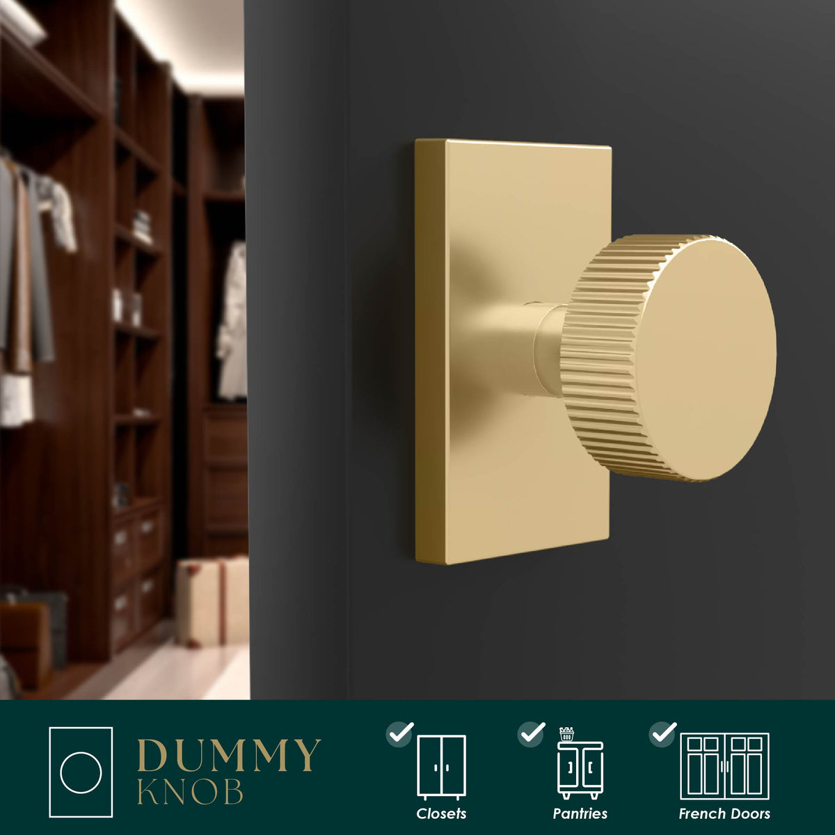 Ribba Satin Brass ribbed dummy knob installed on a dark wardrobe door