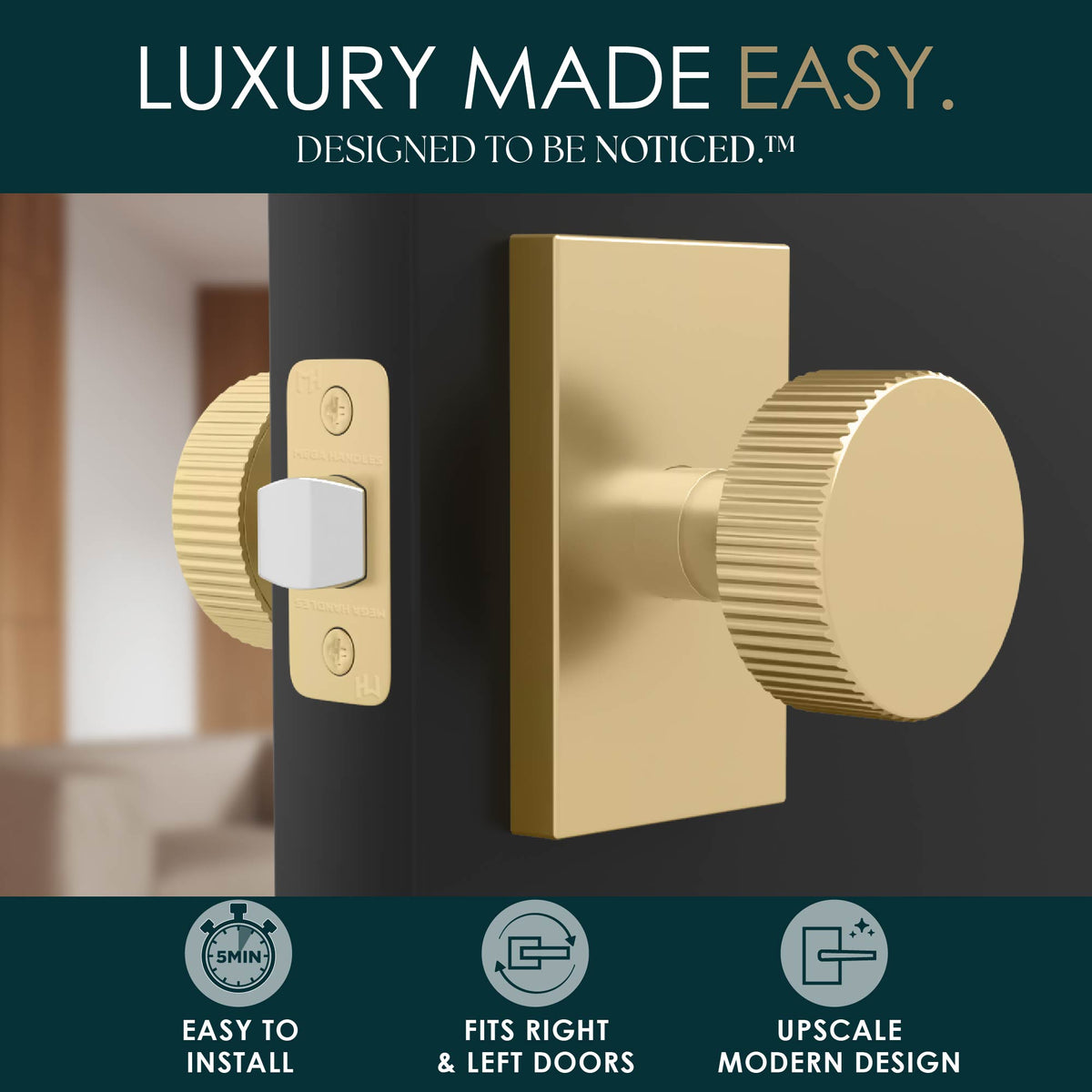 Ribba Satin Brass passage knob lifestyle graphic highlighting easy installation and modern design