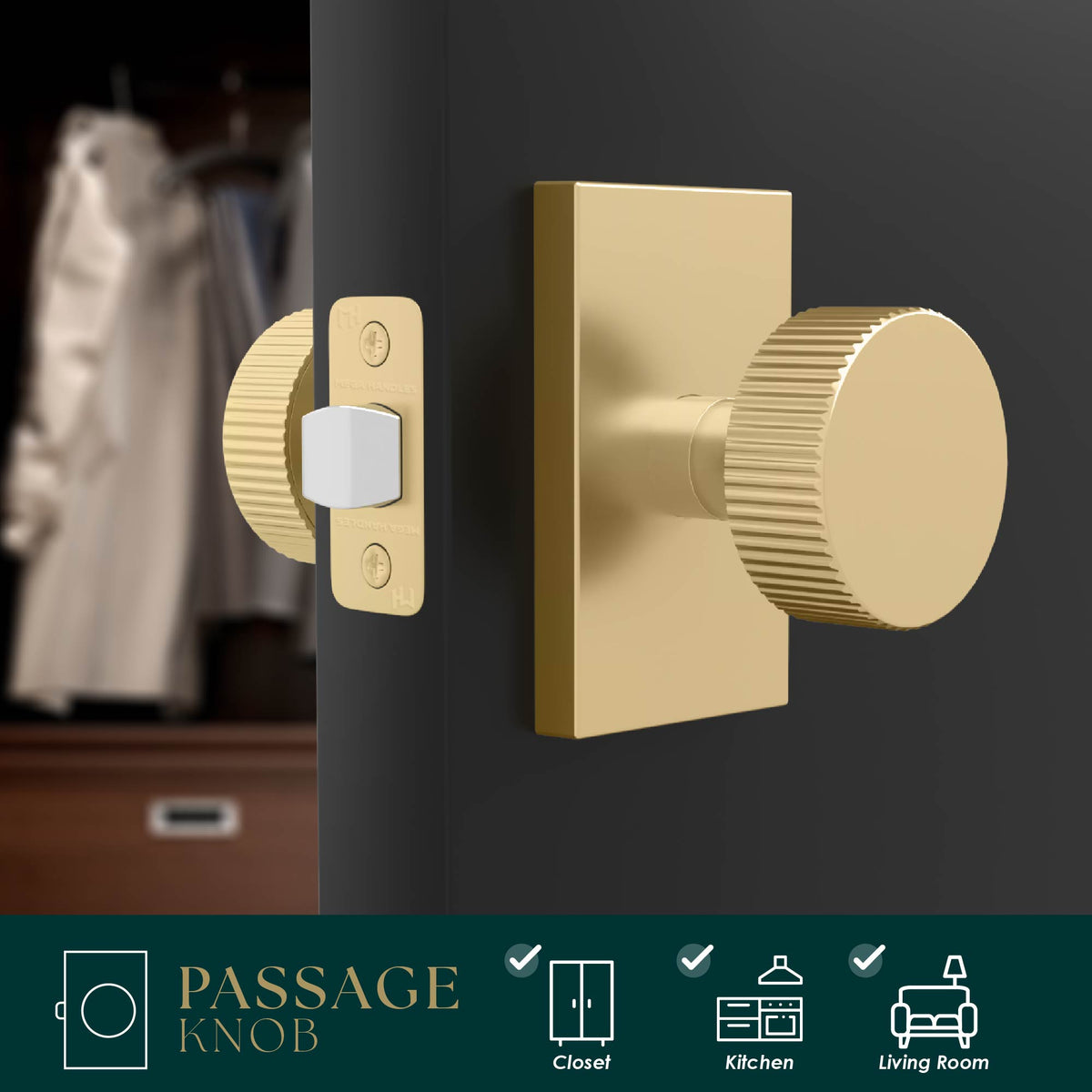 Ribba Satin Brass ribbed passage knob installed on a dark wardrobe door with latch visible