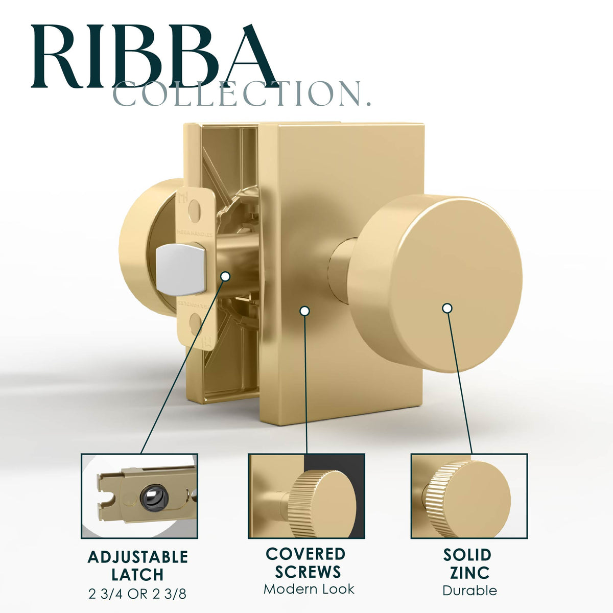 Ribba Satin Brass passage knob feature diagram showing ribbed edge, adjustable latch, and solid zinc construction