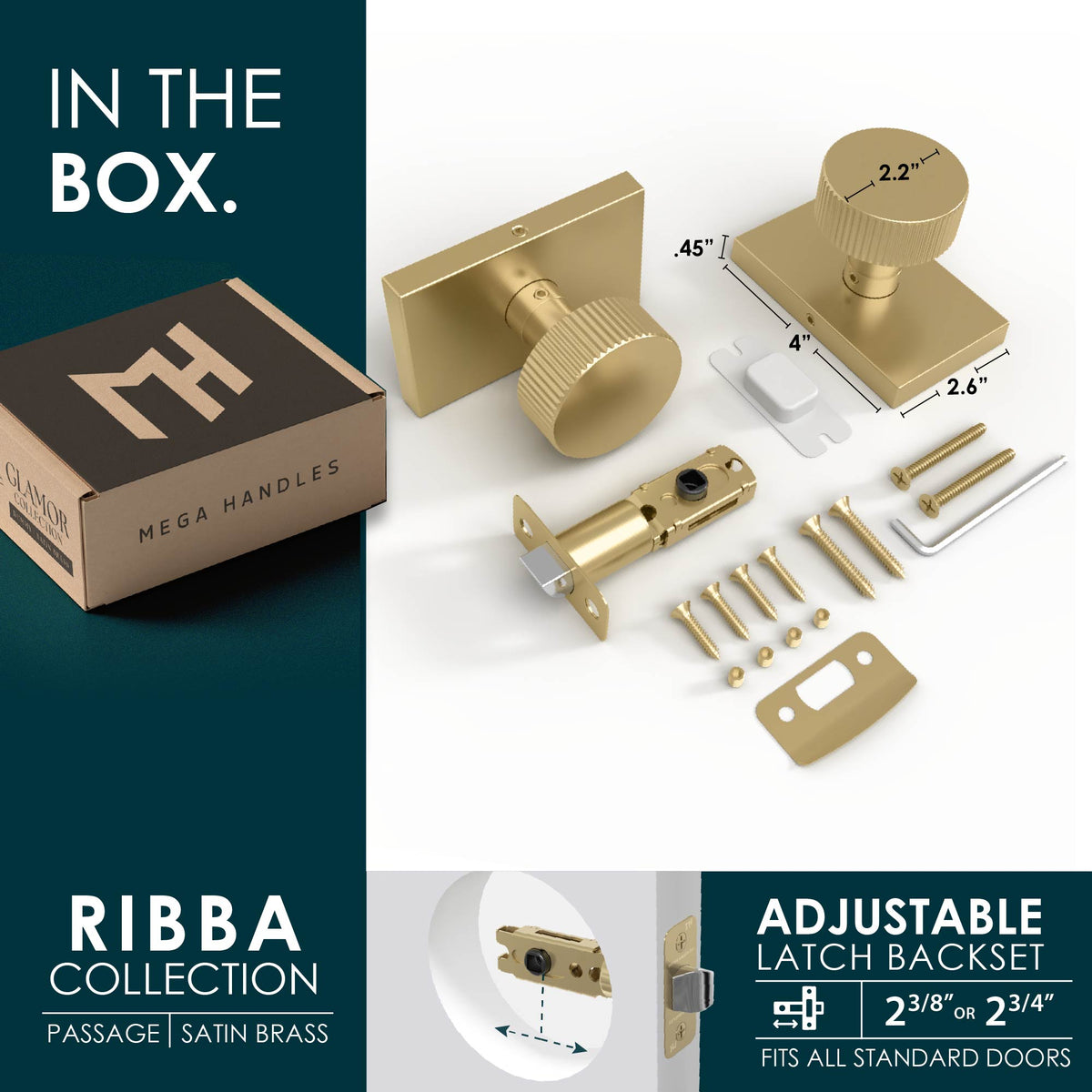 Ribba Satin Brass passage set with ribbed knob, latch, screws, tools, and packaging