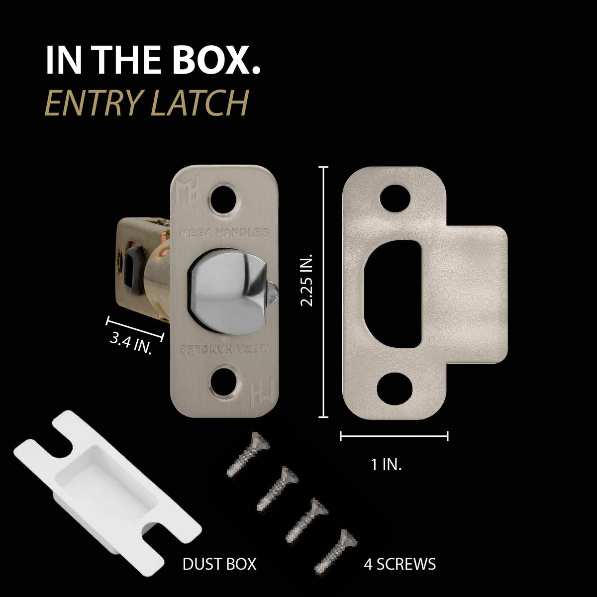 satin nickel round-faceplate entry door latch box contents with matching strike plate, dust box and mounting screws