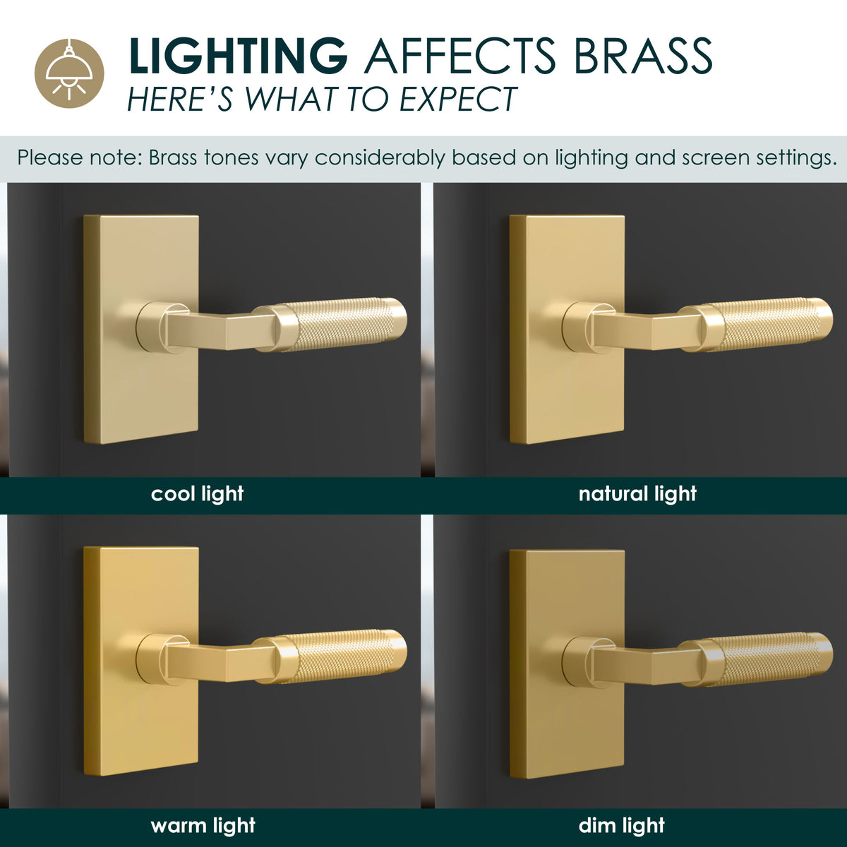 Ellis satin brass knurled lever shown under cool, natural, warm and dim lighting
