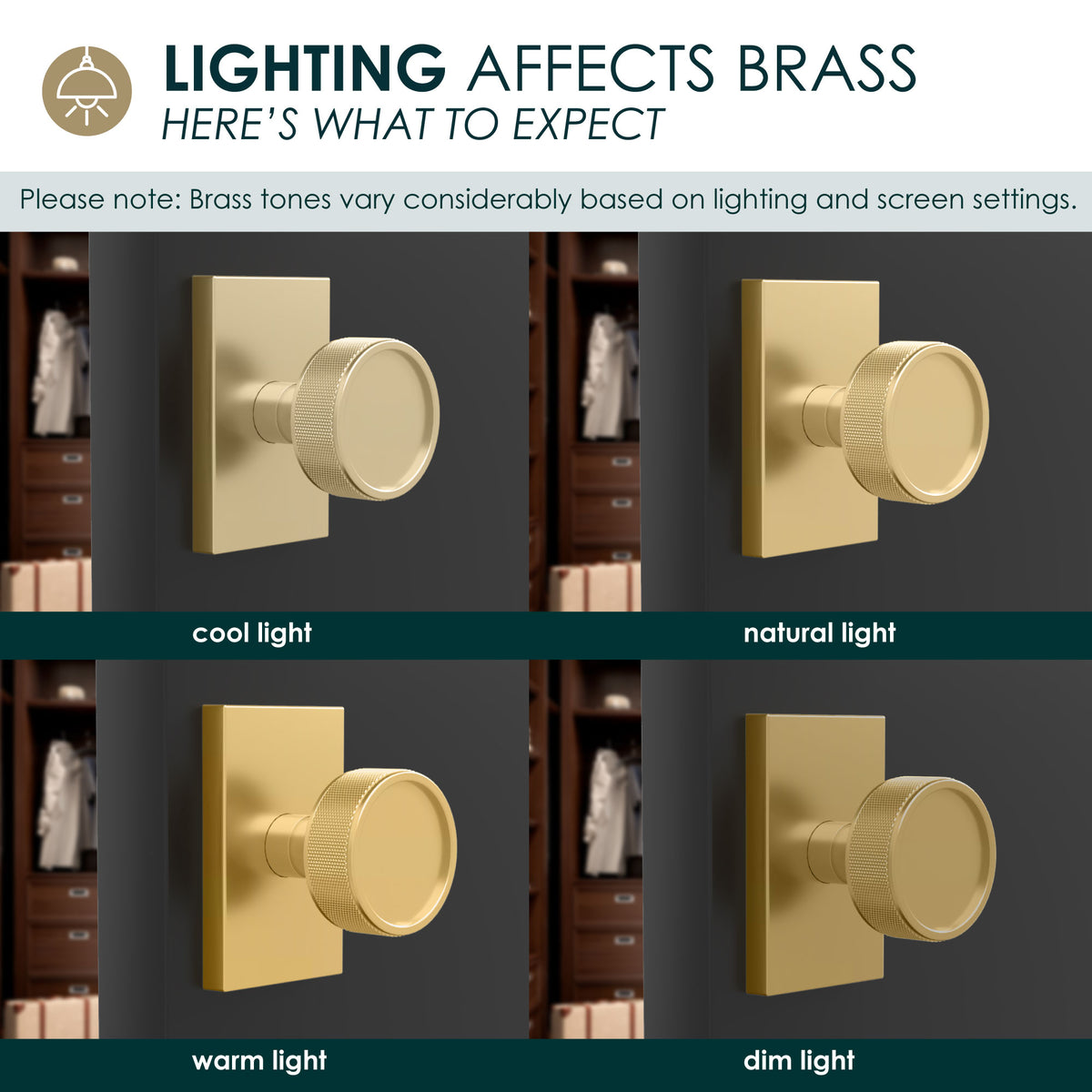 Barton Satin Brass finish shown under cool, natural, warm, and dim lighting