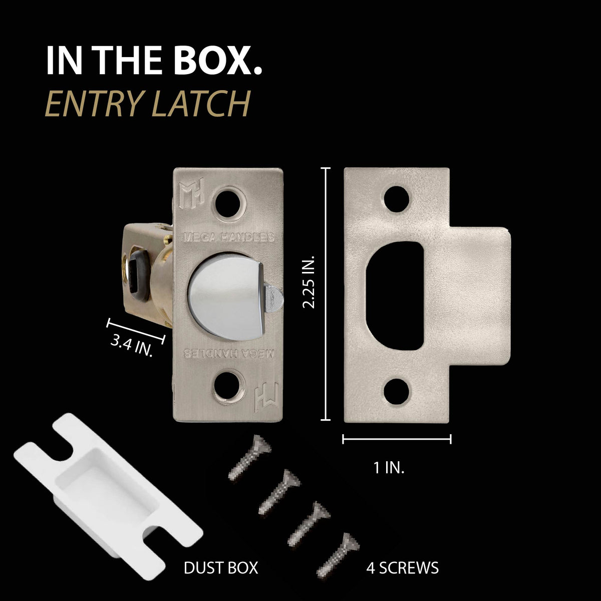 satin nickel square-faceplate entry door latch box contents with matching strike plate, dust box and mounting screws