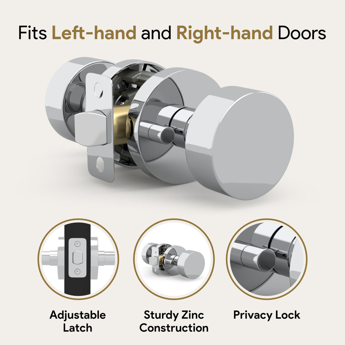 Buena Polished Chrome privacy knob compatibility graphic for left- and right-hand doors