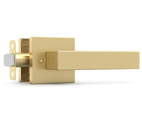 Stylware Block Satin Brass straight lever set with square rosettes and exposed latch