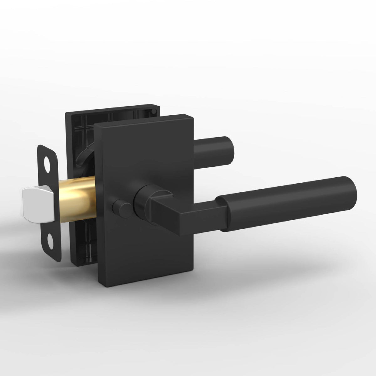 Camden Matte Black passage lever set with smooth cylindrical grips, rectangular rosettes, and exposed latch