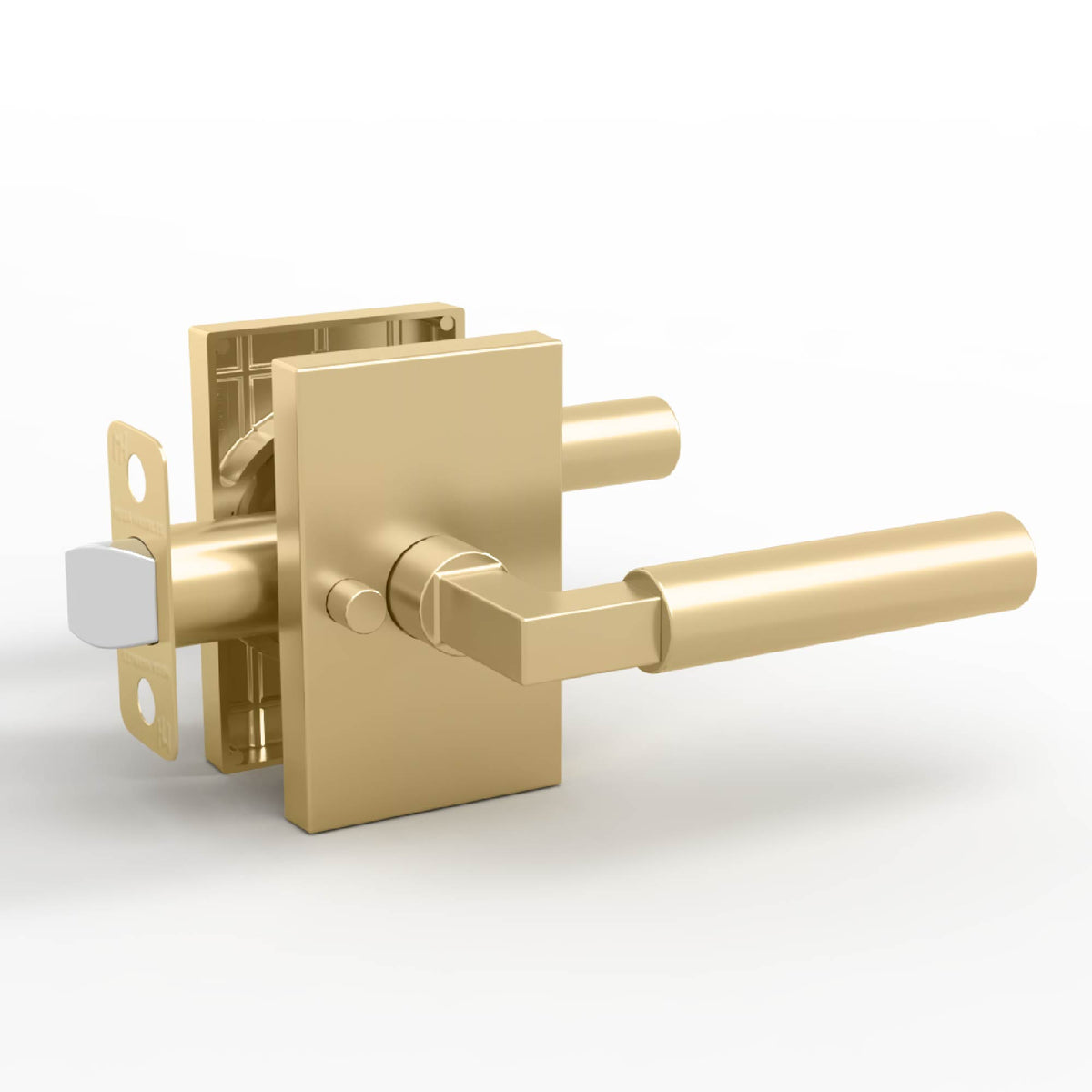 Camden Satin Brass passage lever set with smooth cylindrical grips, rectangular rosettes, and exposed latch
