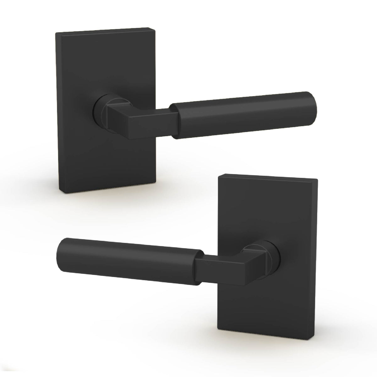 Front and rear views of Camden Matte Black cylindrical levers on rectangular rosettes