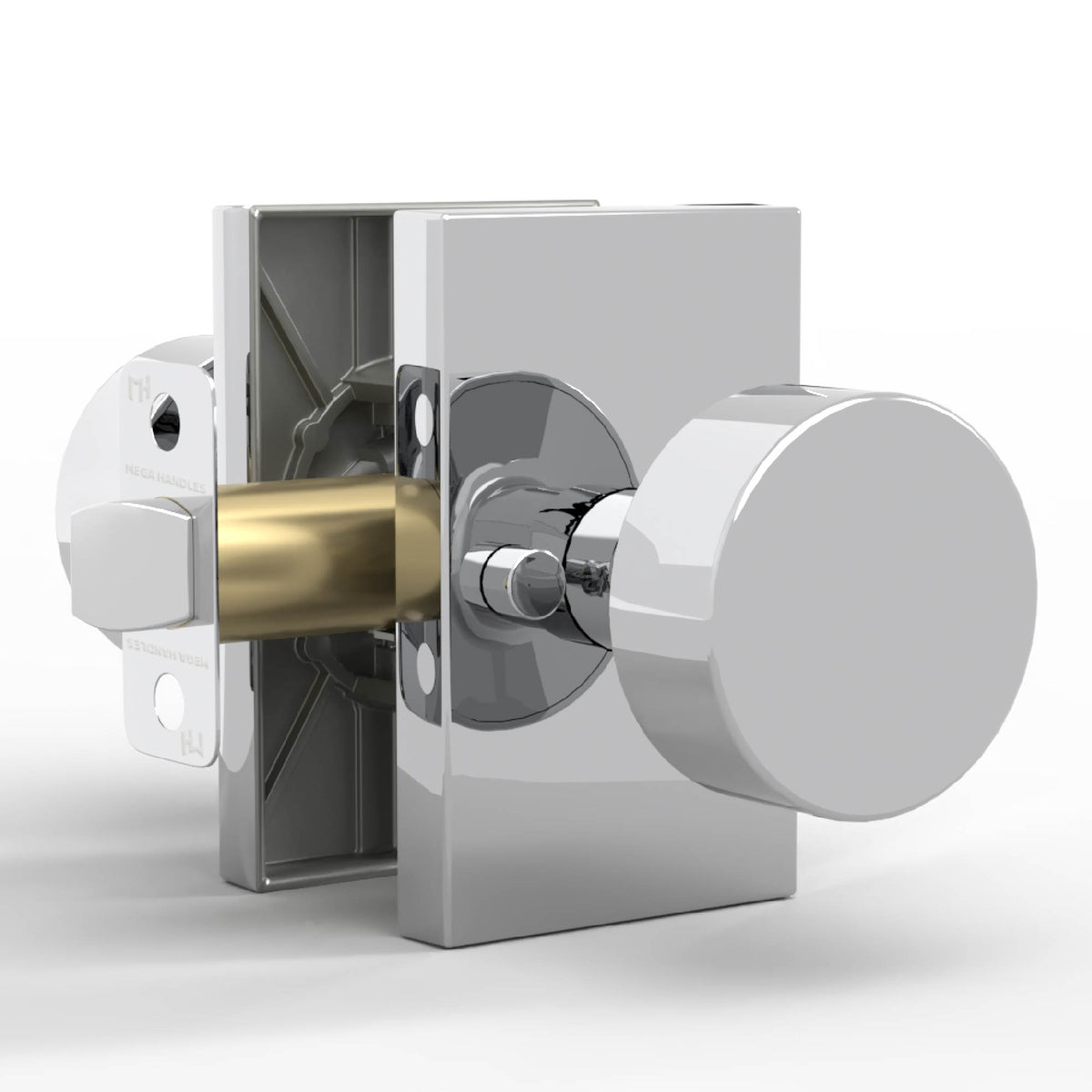 Laura Polished Chrome privacy knob set with rectangular rosettes and exposed latch mechanism