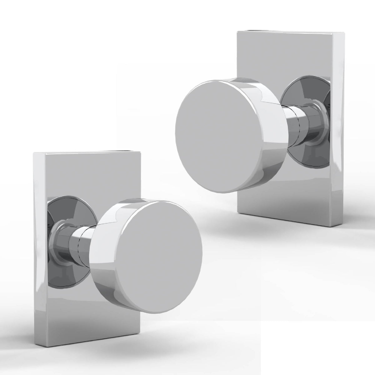 Two Laura Polished Chrome round door knobs on rectangular rosettes