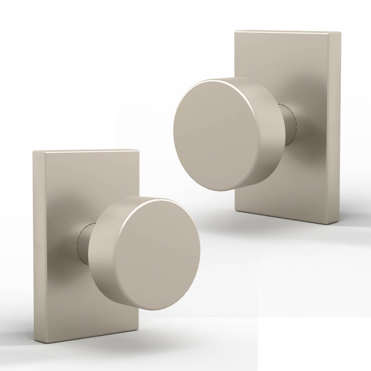 Two Laura Satin Nickel round door knobs on rectangular rosettes