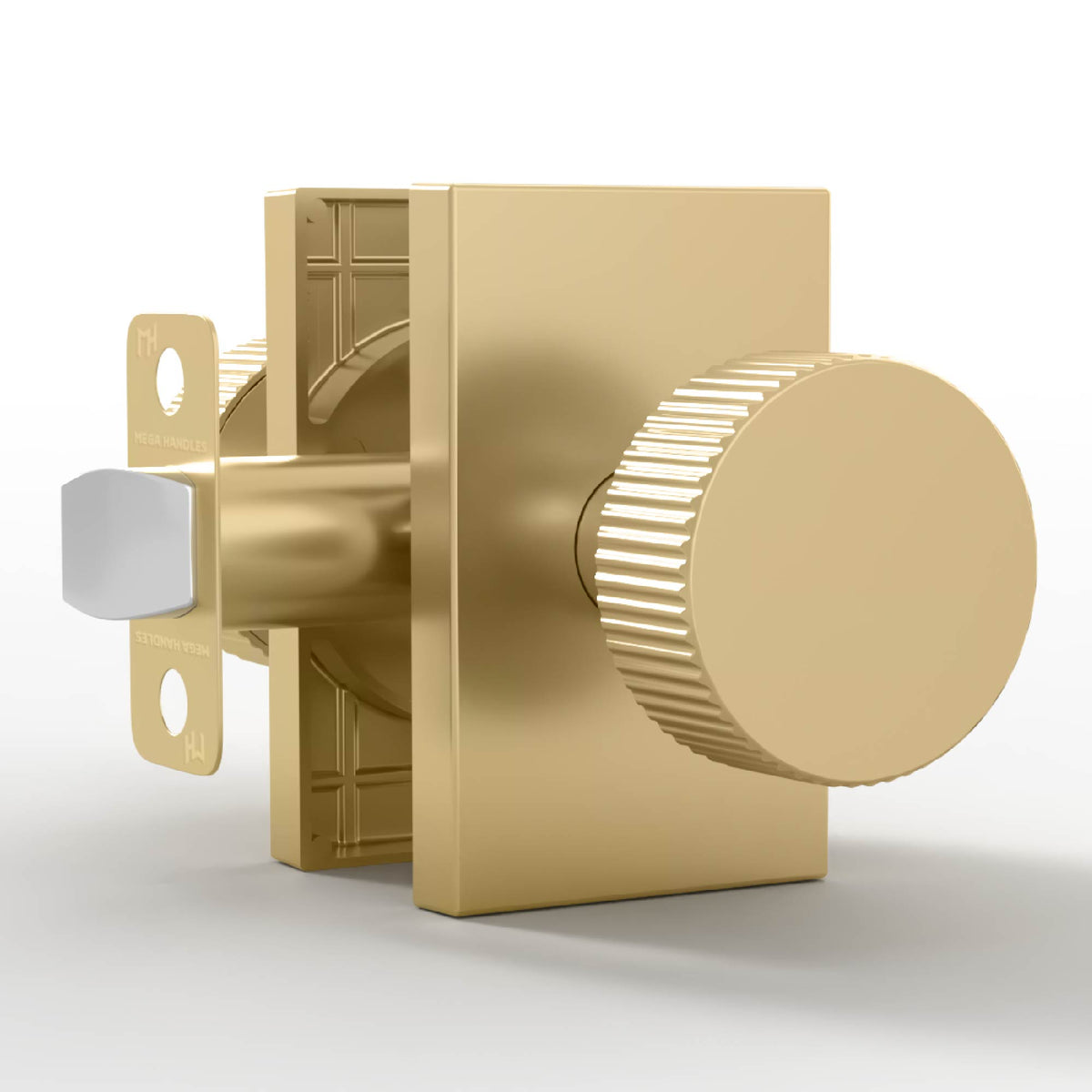 Ribba Satin Brass ribbed passage knob set with rectangular rosettes and exposed latch
