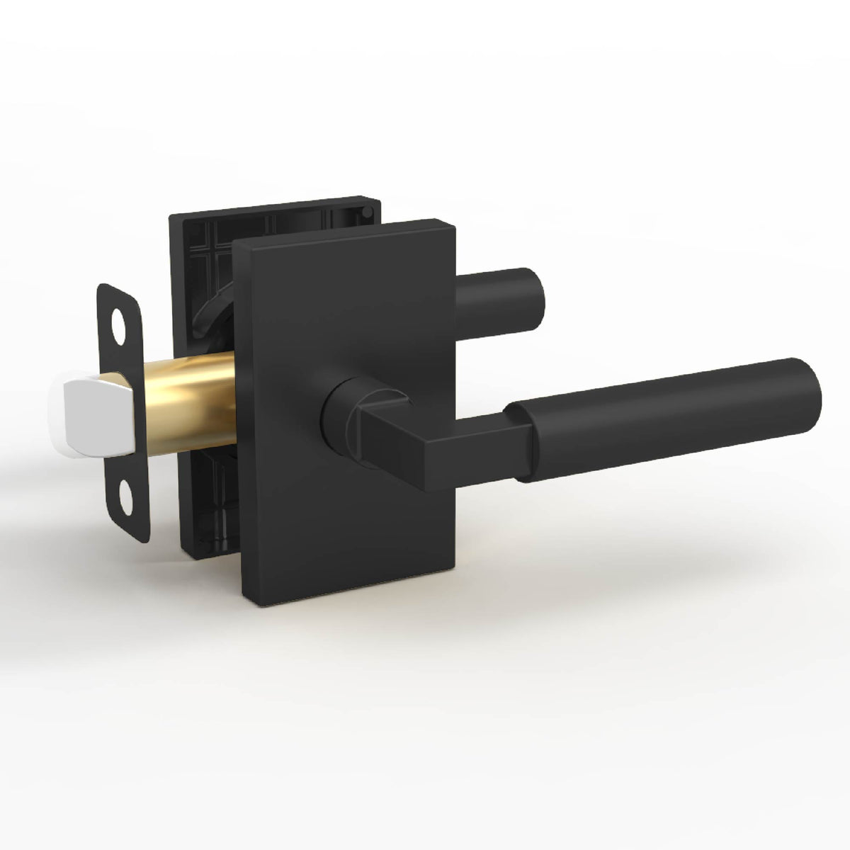 Cutaway view of a Camden Matte Black cylindrical lever set showing the tubular latch mechanism