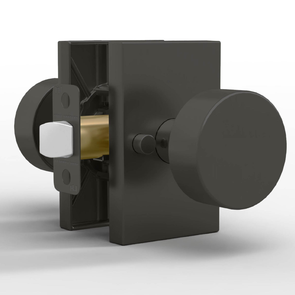 Cutaway view of Laura Matte Black knob set showing the tubular latch mechanism