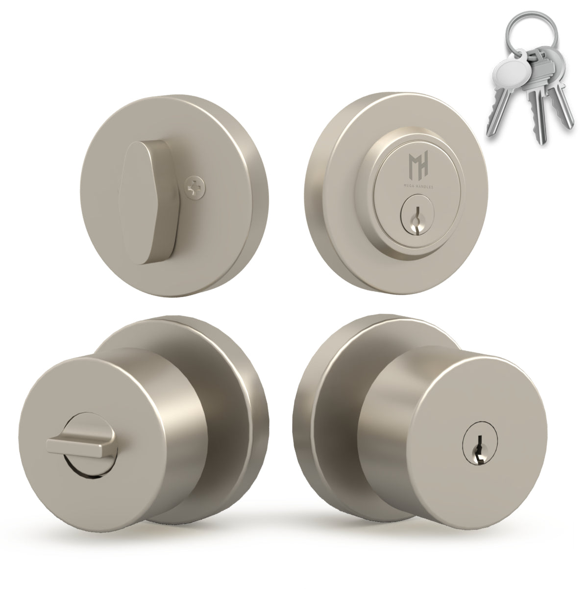 Front and rear views of a Buena Satin Nickel keyed entry knob and deadbolt with keys