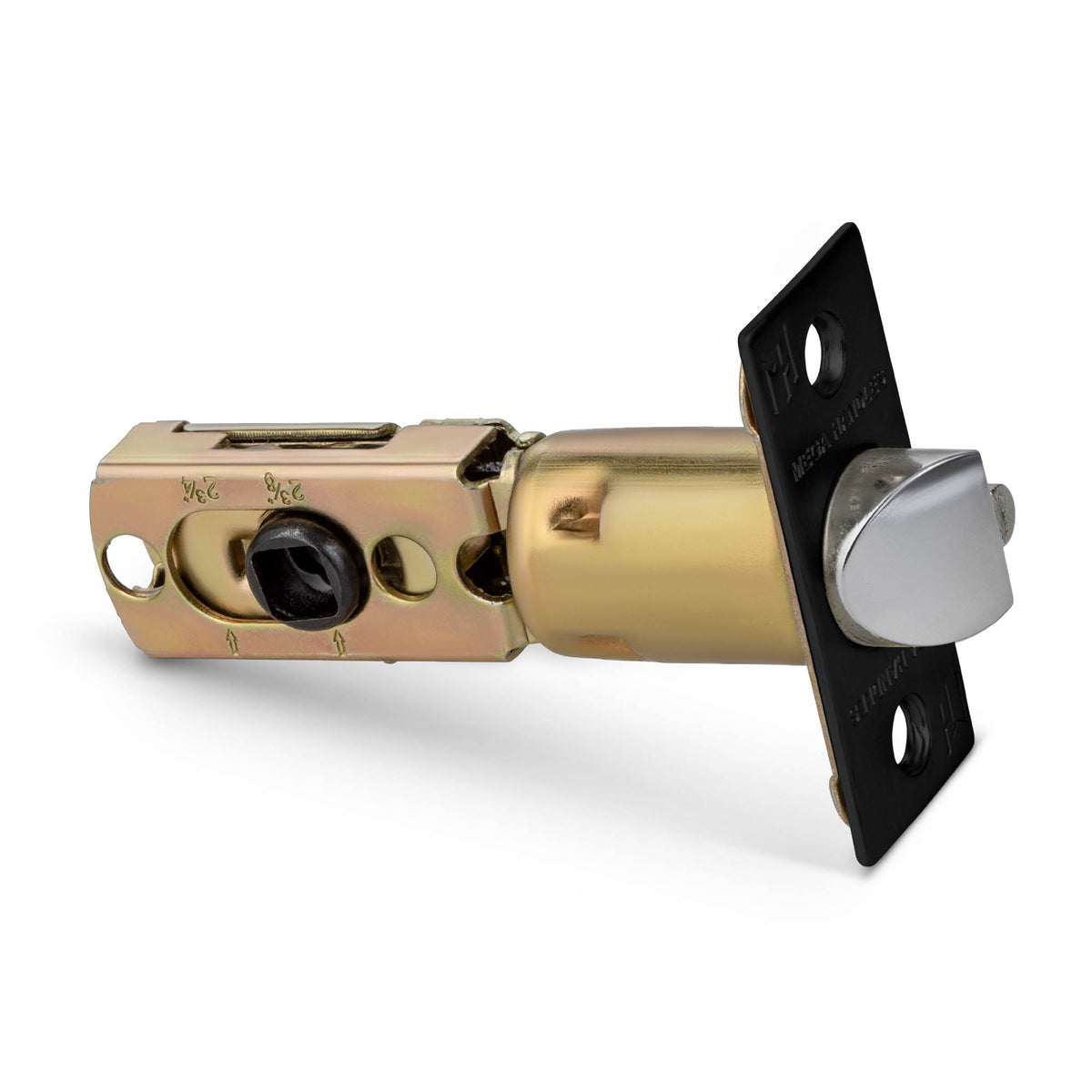matte black square-faceplate entry door latch isolated product view with beveled latch bolt